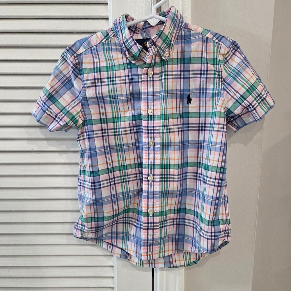 Boys Polo Ralph Lauren Short Sleeve Button Up Plaid Oxford Shirt Size 4T